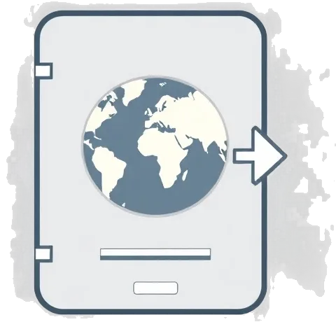 Icono de un pasaporte con un mapa del mundo, simbolizando la migración fiscal y la libertad geográfica.